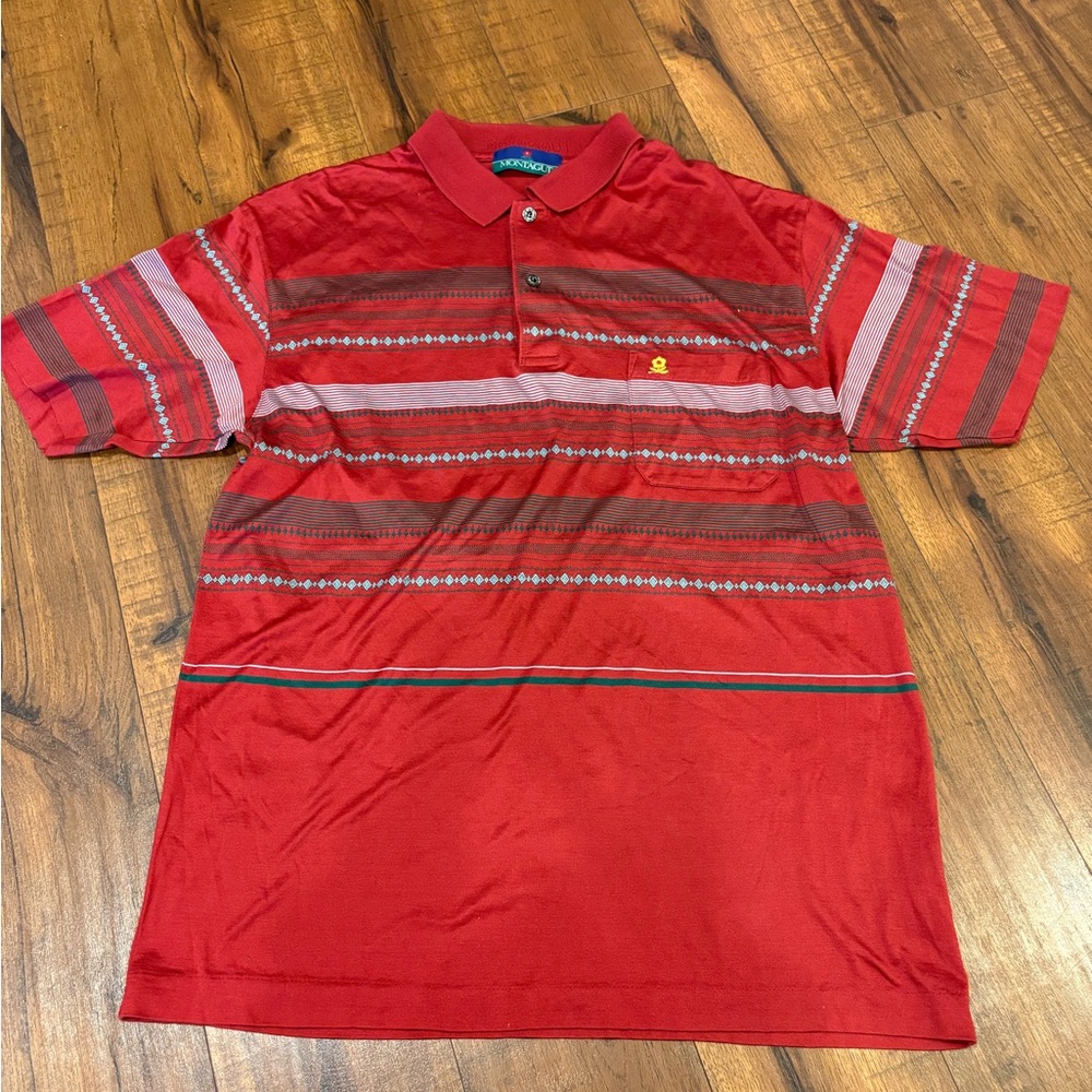 Vintage Montagut Polo Shirt Men’s 5/Large Red Striped Short Sleeve 90s European